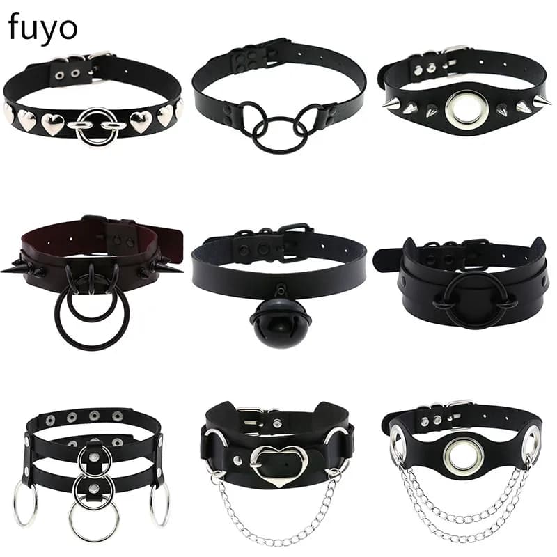 Punk Bells Black Spike Choker Necklace Lock Rivet Stud Rock Faux Leather Goth Collar Women Chocker Girls Chains Gothic Jewelry