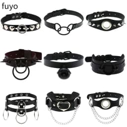 Punk Bells Black Spike Choker Necklace Lock Rivet Stud Rock Faux Leather Goth Collar Women Chocker Girls Chains Gothic Jewelry