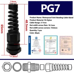 5PCS Waterproof Cable Gland PG7 Plastic Anti-Bending Joint M12 Nylon PA66 Torsion-proof Glands PG9/11/13.5/16/19/21 Connector