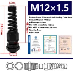 5PCS Waterproof Cable Gland PG7 Plastic Anti-Bending Joint M12 Nylon PA66 Torsion-proof Glands PG9/11/13.5/16/19/21 Connector