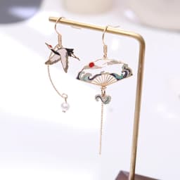 Chinese Style Folding Fan Modeling Crane Cloud Hanging Dangle Earrings for Women Hollow Asymmetric Drop Earring National Jewelry