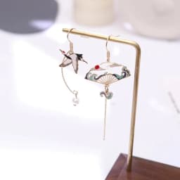 Chinese Style Folding Fan Modeling Crane Cloud Hanging Dangle Earrings for Women Hollow Asymmetric Drop Earring National Jewelry