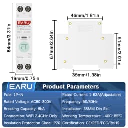 EARU Tuya WiFi Smart Circuit Breaker MCB 63A Timer Power Energy kWh Voltage Current Meter Protector Voice Remote Control Switch