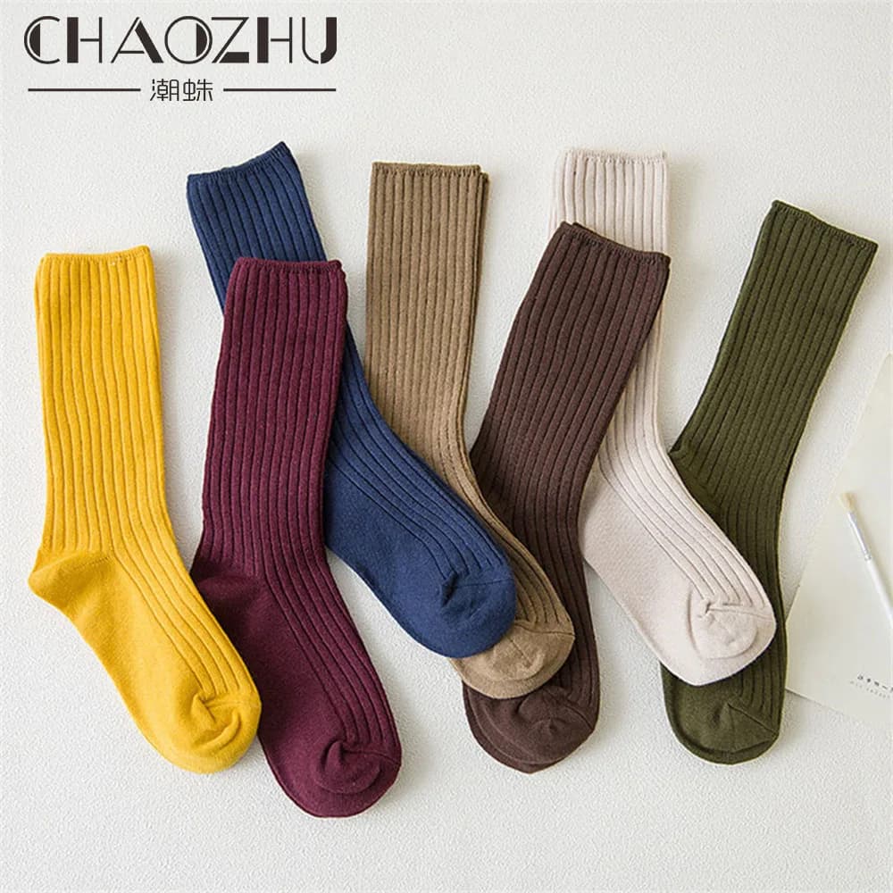 1 Pair Women Cotton Loose Socks Autumn Winter Knitting Solid Color Long Black Pink Korean Japanese Student Girls Stockings Retro