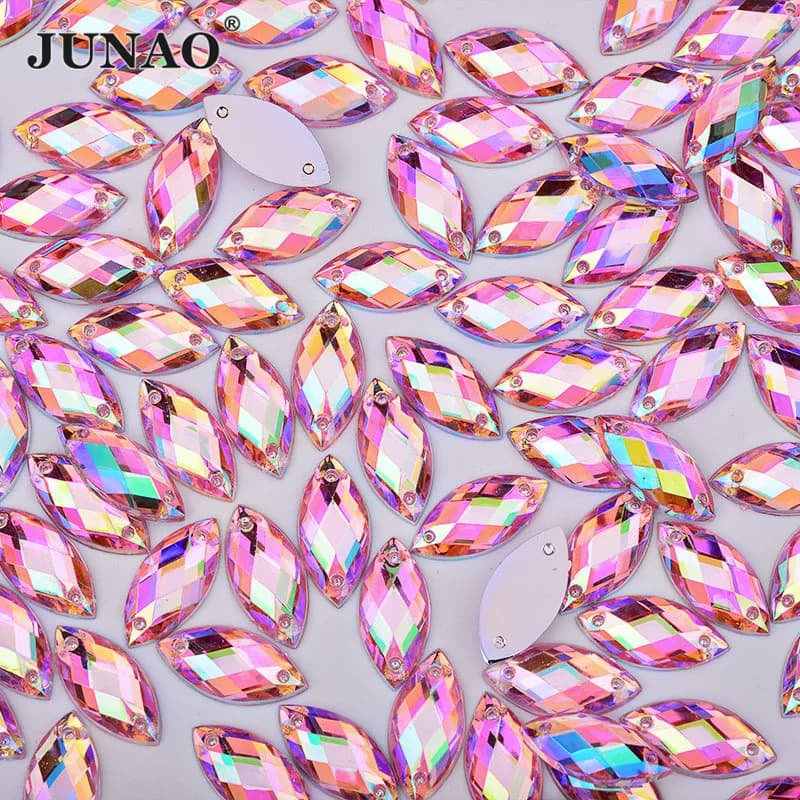 JUNAO 100pcs 7*15mm Pink AB Sewing Rhinestones Flatback Horse Eye Stone Sew On Strass Crystal Loose Acrylic Beads For Needlework
