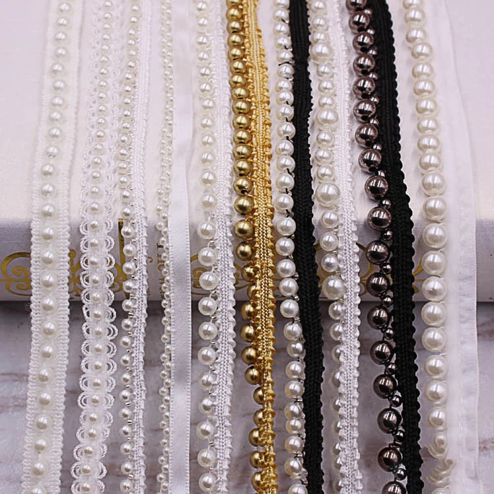 1yard/lot White Black Pearl Bead Lace Ribbon Tape Lace Fabric Trim Ribbons for DIY Sewing Garments Handmade Clothing Accessories
