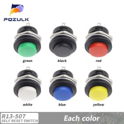 6PCS Momentary Push Button Switch 16mm Momentary 6A/125VAC 3A/250VAC Round Switches R13-507 BLACK RED GREEN WHITE BLUE YELLOW