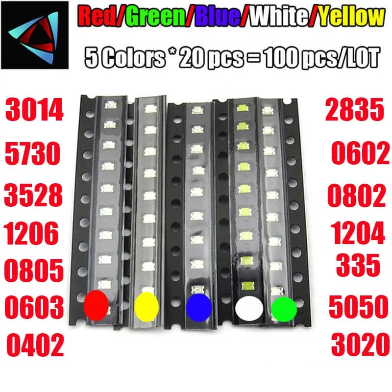 100pcs=5colors X 20pcs 0402 2835 1210 1206 0805 0603 3014 3020 Assortment SMD LED Diode Kit Green/ RED / White / Blue / Yellow