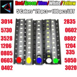 100pcs=5colors X 20pcs 0402 2835 1210 1206 0805 0603 3014 3020 Assortment SMD LED Diode Kit Green/ RED / White / Blue / Yellow