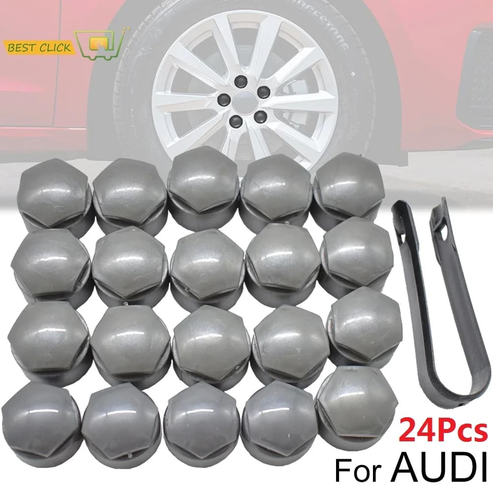 24pcs Wheel Lug Nut Cover Caps 25mm Water Proof W/ Dismantle Tool Grey For Audi A1 A2 A3 A4 A5 A6 A7 A8 Wheel Bolt Screw Cover