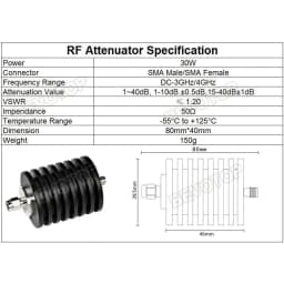 30W SMA Type Attenuator DC-3Ghz/4Ghz 1/2/3/5/6/10/15/20/30db/40db SMA Male Plug to Female Jack RF Coaxial Power Connector 50ohm