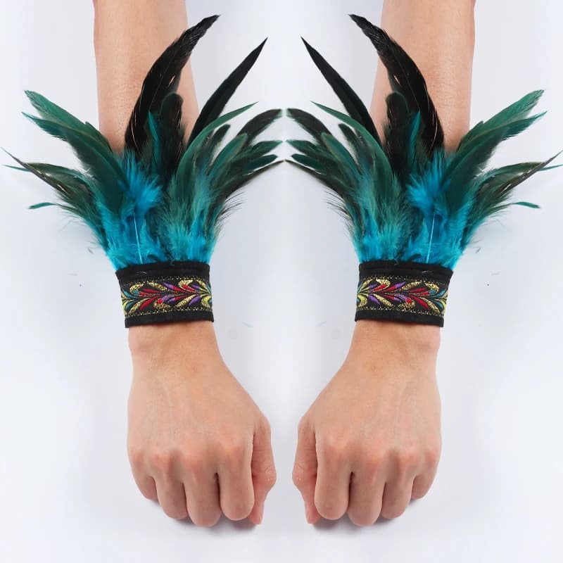 Gothic Punk Feather Wrist Cuff Steampunk Gloves Bracelet Carnival Stage Showgirl Hand Sleeves Party Cosplay Feather Arm Warmer