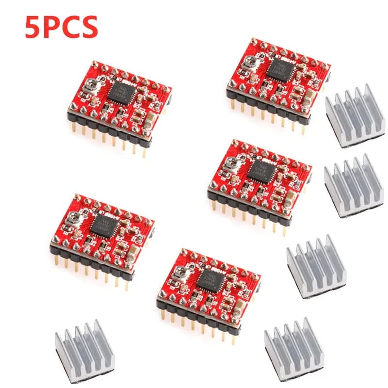 5PCS A4988 Step Stick Stepper Driver + Heat Sink For Reprap 3D Printer Parts Red Stepper Motor Driver With Heatsink Accessorie