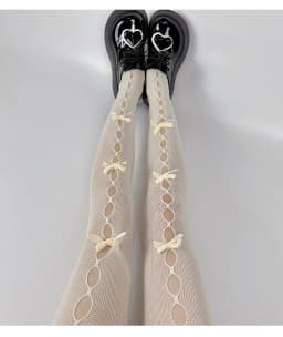 Lolita Cosplay Girls Bowknot Hollow Out Pantyhose Sexy Thin Ins Tide Lace Tights Anime Socks Black White Fishnet Silk Stockings