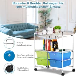 Trolley with 4 stackable drawers, drawer trolley roll container with metal rack and storage space, bathroom trolley
