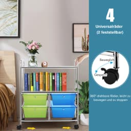 Trolley with 4 stackable drawers, drawer trolley roll container with metal rack and storage space, bathroom trolley