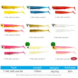 TSURINOYA 110mm 35g Long Casting Jig Head T Tail Soft Lure Set 2pcs Tail Flounder Seabass Fishing Lure Sinking Large Baits