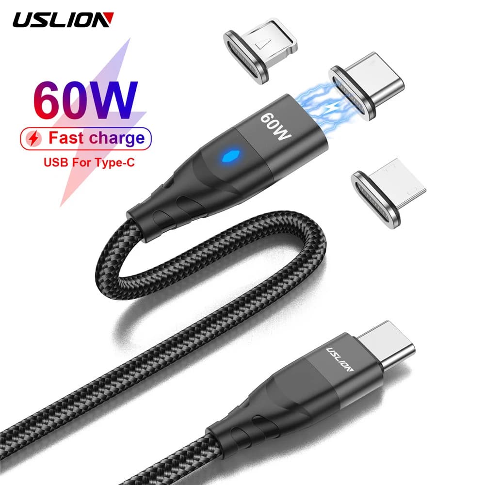 USLION Magnetic Cable USB C To USB Type C Cable 60W Quick Charge 3.0 PD Fast Charging For iphone Macbook iPad Data Charger Cable