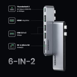UGREEN 6-in-2 USB-C HUB Type-C to Thunderbolt 3 4K HDMI SD&TF USB3.0 Adapter for MacBook Pro Air Docking Station USB-C Splitter
