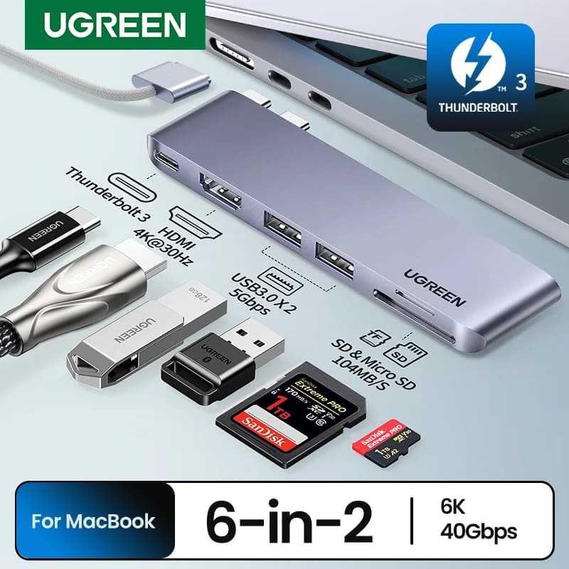 UGREEN 6-in-2 USB-C HUB Type-C to Thunderbolt 3 4K HDMI SD&TF USB3.0 Adapter for MacBook Pro Air Docking Station USB-C Splitter