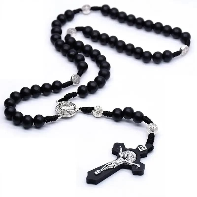 Religious Wooden Antique Black Cross Rosary Car Pendant Jesus Saint Benedict Beaded Hanging for Men Women Jewelry
