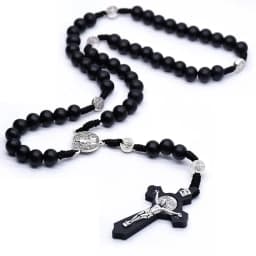 Religious Wooden Antique Black Cross Rosary Car Pendant Jesus Saint Benedict Beaded Hanging for Men Women Jewelry