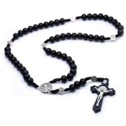 Religious Wooden Antique Black Cross Rosary Car Pendant Jesus Saint Benedict Beaded Hanging for Men Women Jewelry