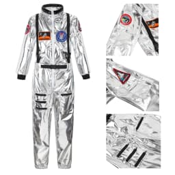 Adult Astronaut Costume for Women Men Flight Suit Costume Cosplay Space Astronaut Blue Full Body Jumpsuit with Zipper Carnival