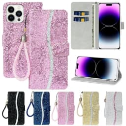Glitter Anti-fall Wallet Magnetic Flip Leather Case For iPhone Air 17 Pro Max 16e 15 Plus 14 13 12 11 XR With Hand Strap Cover