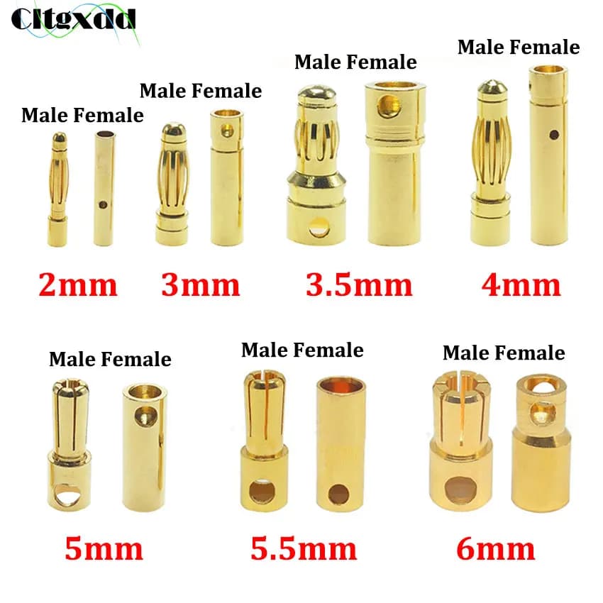 10pcs 2mm 3mm 3.5mm 4mm 5mm 5.5mm 6mm  Banana Plug Gold Plated Copper Brushless Motor Bullet Connector For ESC Battery Wholeale