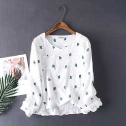 New Japanese Style Spring And Autumn Ladies Cotton Crepe Cloth Long-sleeved Trousers Pajamas Cactus Comfortable Home Service