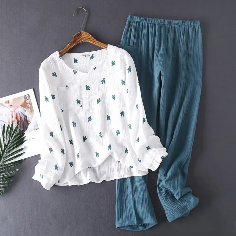 New Japanese Style Spring And Autumn Ladies Cotton Crepe Cloth Long-sleeved Trousers Pajamas Cactus Comfortable Home Service