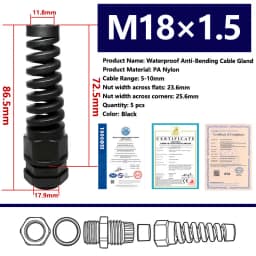 5PCS Waterproof Anti-bending Cable Gland M12 Plastic Joint M16 Nylon PA66 Torsion-proof Glands M20 M25 Seal Joint M18 Connector