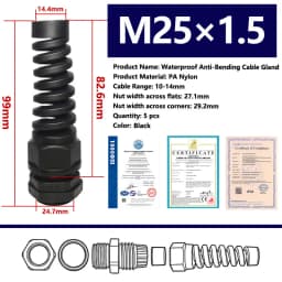 5PCS Waterproof Anti-bending Cable Gland M12 Plastic Joint M16 Nylon PA66 Torsion-proof Glands M20 M25 Seal Joint M18 Connector