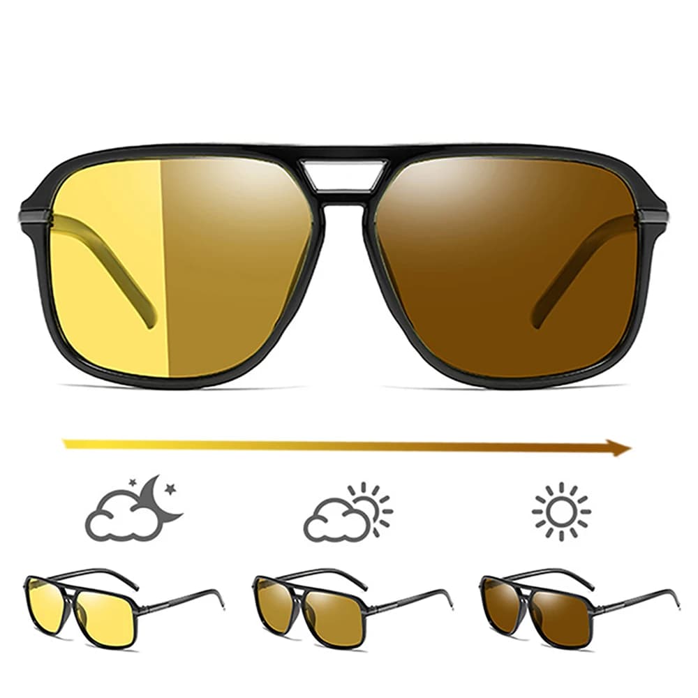 VIVIBEE Men Polarized Day Night Vision Glasses Retro Color Changing Square Oversized Yellow Goggles Women Driving Shades