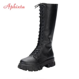 Aphixta 2026 Winter Shoes Women's Long High Boots White PU Leather Knee High Boots Female Fashion Lace Up Platform Botas Mujer