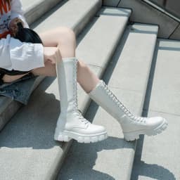 Aphixta 2026 Winter Shoes Women's Long High Boots White PU Leather Knee High Boots Female Fashion Lace Up Platform Botas Mujer