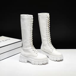 Aphixta 2026 Winter Shoes Women's Long High Boots White PU Leather Knee High Boots Female Fashion Lace Up Platform Botas Mujer