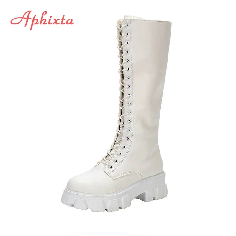 Aphixta 2026 Winter Shoes Women's Long High Boots White PU Leather Knee High Boots Female Fashion Lace Up Platform Botas Mujer