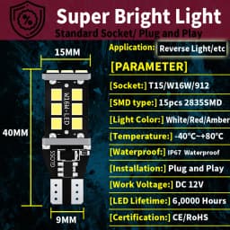 4x T15 W16W Canbus No Error 15SMD 2835 LED Car Tail Bulb Brake Light Auto Reverse Lamp Turn Signals Red White Yellow Orange 12V