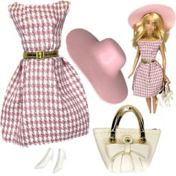 Elegant Doll Outfit for 1/6 Doll Fashion Doll Pink Houndstooth Dress Hat Gold Belt Handbag with Shoes set