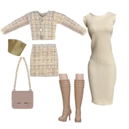 Elegant Doll Outfit for 1/6 Doll Fashion Doll Pink Houndstooth Dress Hat Gold Belt Handbag with Shoes set