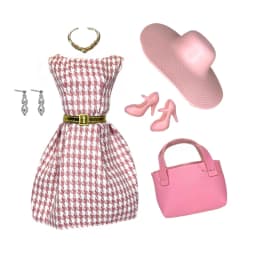 Elegant Doll Outfit for 1/6 Doll Fashion Doll Pink Houndstooth Dress Hat Gold Belt Handbag with Shoes set