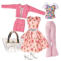 Elegant Doll Outfit for 1/6 Doll Fashion Doll Pink Houndstooth Dress Hat Gold Belt Handbag with Shoes set