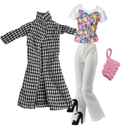 Elegant Doll Outfit for 1/6 Doll Fashion Doll Pink Houndstooth Dress Hat Gold Belt Handbag with Shoes set