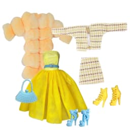Elegant Doll Outfit for 1/6 Doll Fashion Doll Pink Houndstooth Dress Hat Gold Belt Handbag with Shoes set