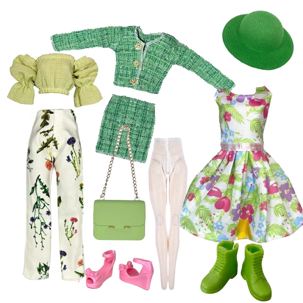 Elegant Doll Outfit for 1/6 Doll Fashion Doll Pink Houndstooth Dress Hat Gold Belt Handbag with Shoes set