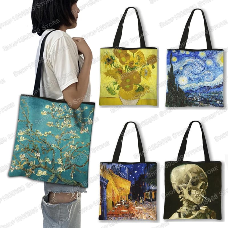 Oil Painting Blossoming Almond Tree / Starry Night Tote Bag Van Gogh Sunflower Women Handbag Canvas Shoulder Shopping Bags