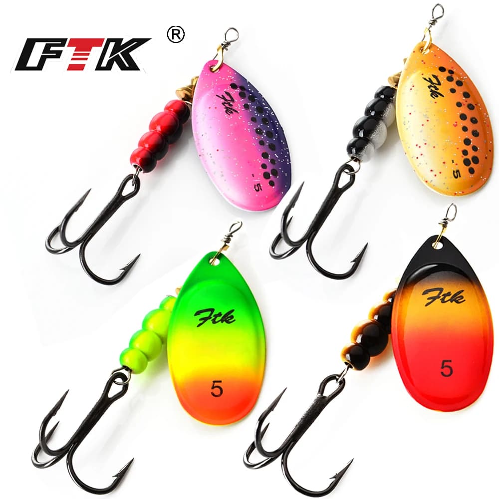 FTK 3.9g 4.6g 7.4g 10.8g 15g Spinner Bait With Feather Treble Hooks Hard Spoon Bass Lures Metal Fishing Lure  For Fishing