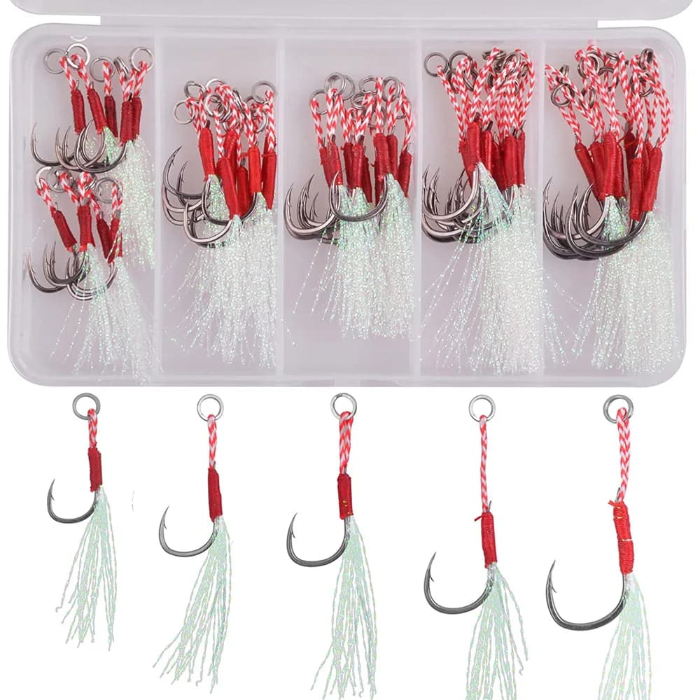 50Pcs Assist Hooks for Slow Jigging Metal Jig Barbed Hook Tying Up Fishhook With Teaser Feather Saltwater Fishing Hook Set